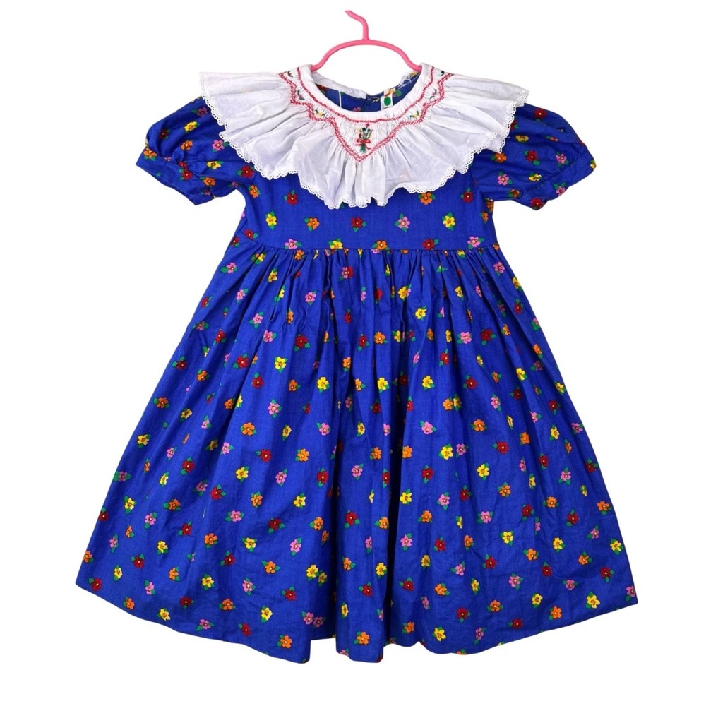 Vintage 90s Smocked Dress 4T Bright Blue Colorful Florals Puff Sleeve Full Skirt
